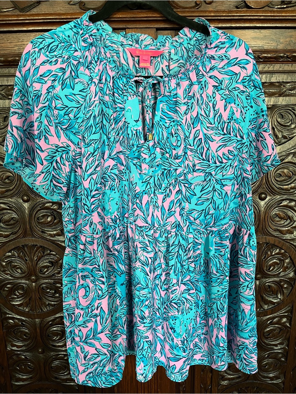 Lilly Pulitzer Pink & Teal Leaf-Print Short Sleeve Peasant Blouse